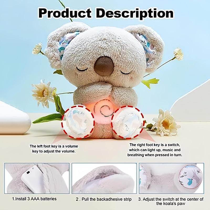 Stress Relief Koala Breathing Plush Toy, Calming Stuffed Animal with Music Lights & Rhythmic Breathing Action, Sleep Aid Doll, Musical Light Up