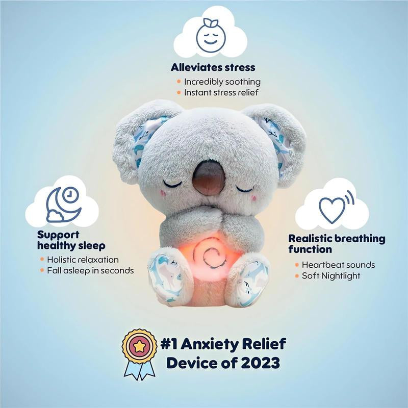 Stress Relief Koala Breathing Plush Toy, Calming Stuffed Animal with Music Lights & Rhythmic Breathing Action, Sleep Aid Doll, Musical Light Up